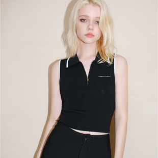 折 曲珠撞边无袖 Rose 新品 背心外穿休闲Polo针织上衣女 Verge季