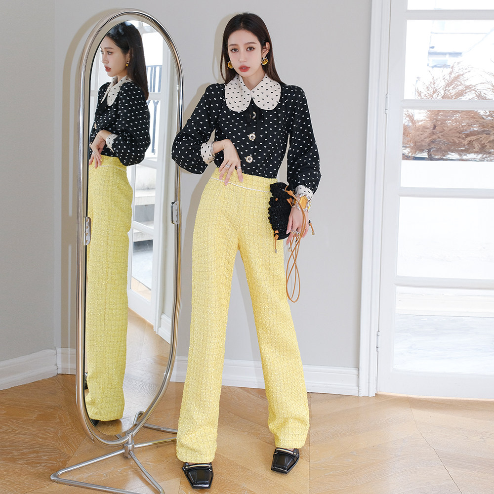 sister jane 2r新款心形波点系结衬衫上衣小香风柠檬黄阔腿裤木兰