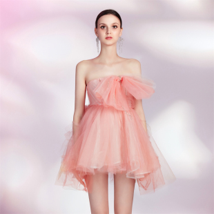 Lazar Susan 网纱亮钻蝴蝶结抹胸轻褶层次公主连衣裙 折