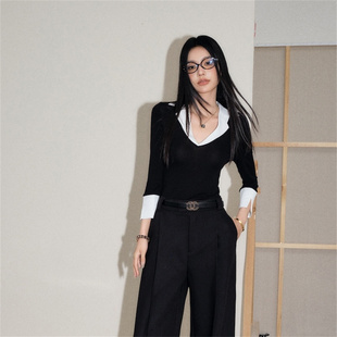 裤 OLIVIA 小众早秋立体黑色西装 长袖 DUO韩高优等生上衣设计感修身