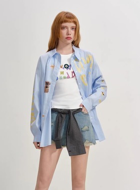 SOFITTE 25AW秋季新款 蓝色条纹满身印花衬衫绑带假两件牛仔短裤