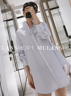 木兰买手店【清货折S】ACLER新款条纹纽扣长袖系带装饰口袋衬衫