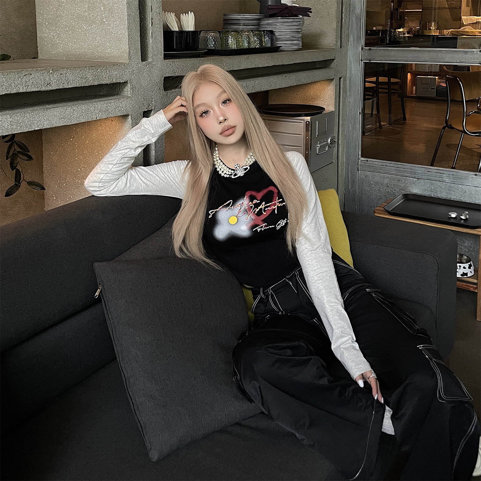 Andrea Martin24夏季新款插肩长袖字母印花T恤原创设计木兰合集