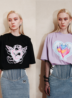 【折】HIGHLIGHT爱心丘比特短袖T恤罗兰紫蓝色爱心海豚上衣