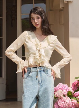 Three Quarters25SS 黄色荷叶边V领短上衣