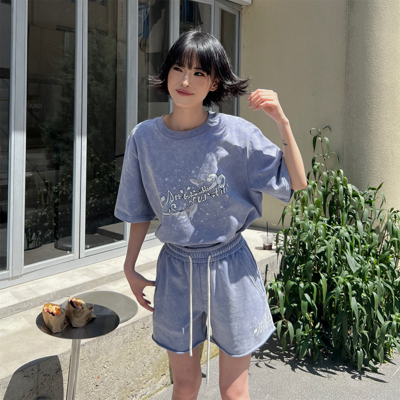 Andrea Martin24夏季新款蓝色水洗海浪logoT恤短裤百搭木兰合集