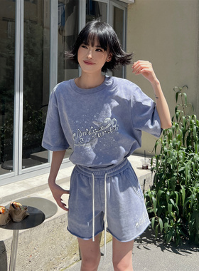 Andrea Martin24夏季新款蓝色水洗海浪logoT恤短裤百搭木兰合集