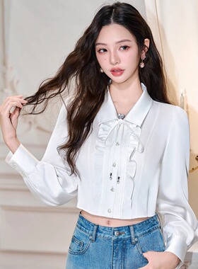 Three Quarters 25AW 白色法式荷叶边缎面衬衫T