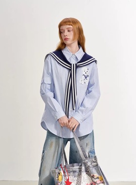 SOFITTE 25AW秋季新款 蓝色海军领披肩条纹长袖衬衫牛仔工装裤