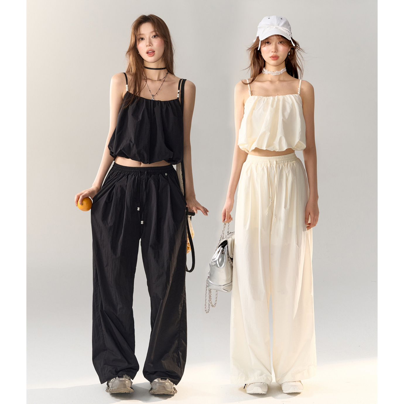 【折】AsGony 夏季新款珍珠串珠肩短上衣休闲阔腿裤木兰合集