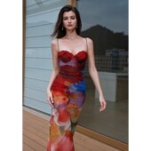 Floral网纱水墨吊带度假风假两件鱼骨修身 Sheer Luck 连衣裙长裙