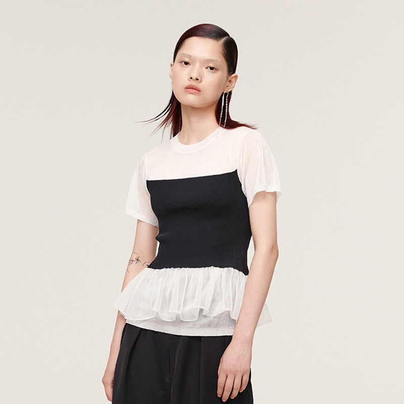 【折】设计师deepmoss 春夏新款时尚黑白抹胸针织上衣短袖百搭女