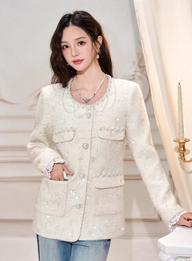 Three Quarters 25AW 白色重工珠片刺绣手缝珍珠小香风长款外套