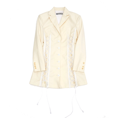 【折】Hyein Seo韩国暗黑机能抽绳重工金属抽绳黄色西装款连衣裙