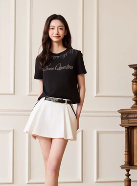 Three Quarters25SS 白色撞色拼皮腰带蓬蓬短裙