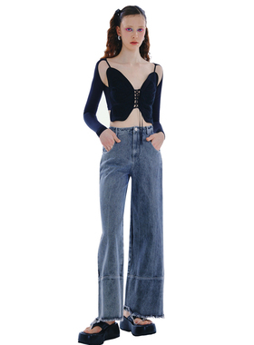 【折】ESTER HSU 春夏新款镂空系带蝴蝶打底上衣做旧阔腿牛仔裤