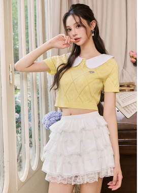 Three Quarters25AW 黄色娃娃领镂空短袖羊毛毛衫