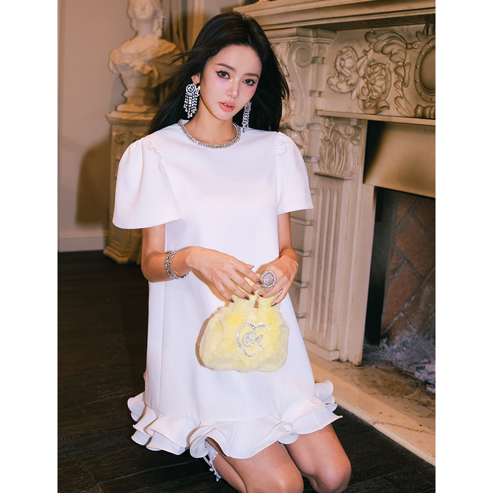 Maison Wester【方媛同款】夏季女士松弛简约H型荷叶边钻领连衣裙