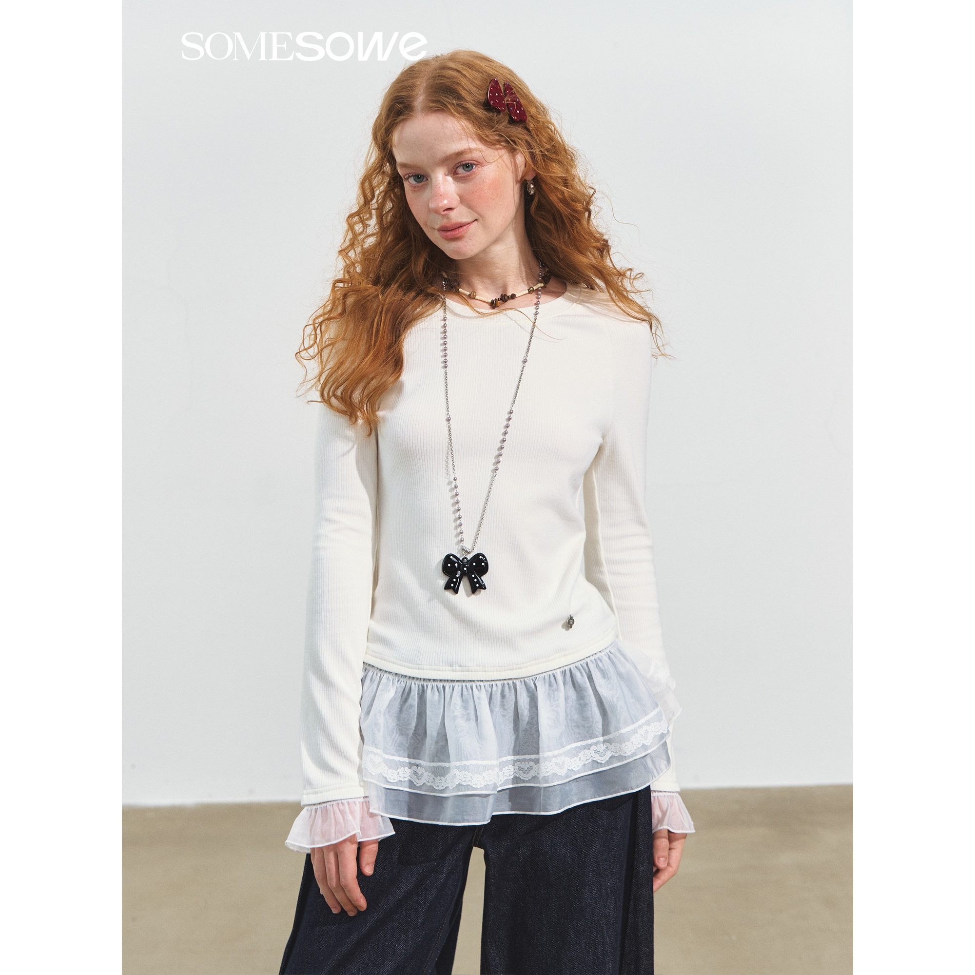 SOMESOWE 2025FW秋季新款 双层花边插肩袖暖绒上衣