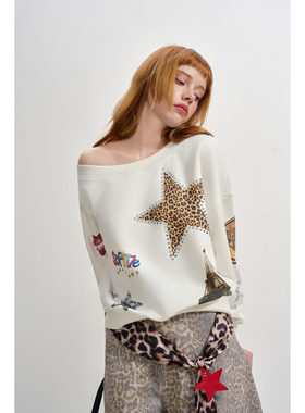 SOFITTE 25AW秋季新款复古满印烫钻斜肩不对称卫衣豹纹绑带七分裤