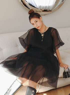 【折】deepmoss春夏新款黑色欧根轻纱圆领短袖甜美蓬蓬连衣裙