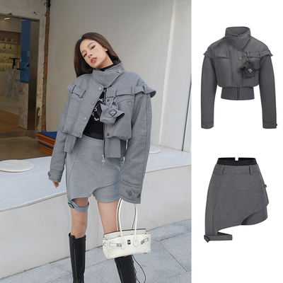 【折】  HIGHLIGHT灰色拼接罗纹短棉服夹克外套短裙针织背心