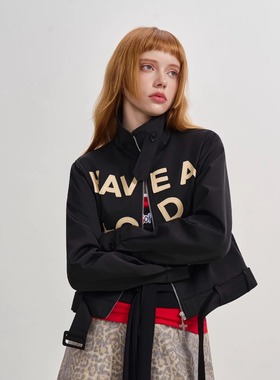 SOFITTE 25AW秋季新款 黑色拼皮标语短款夹克外套