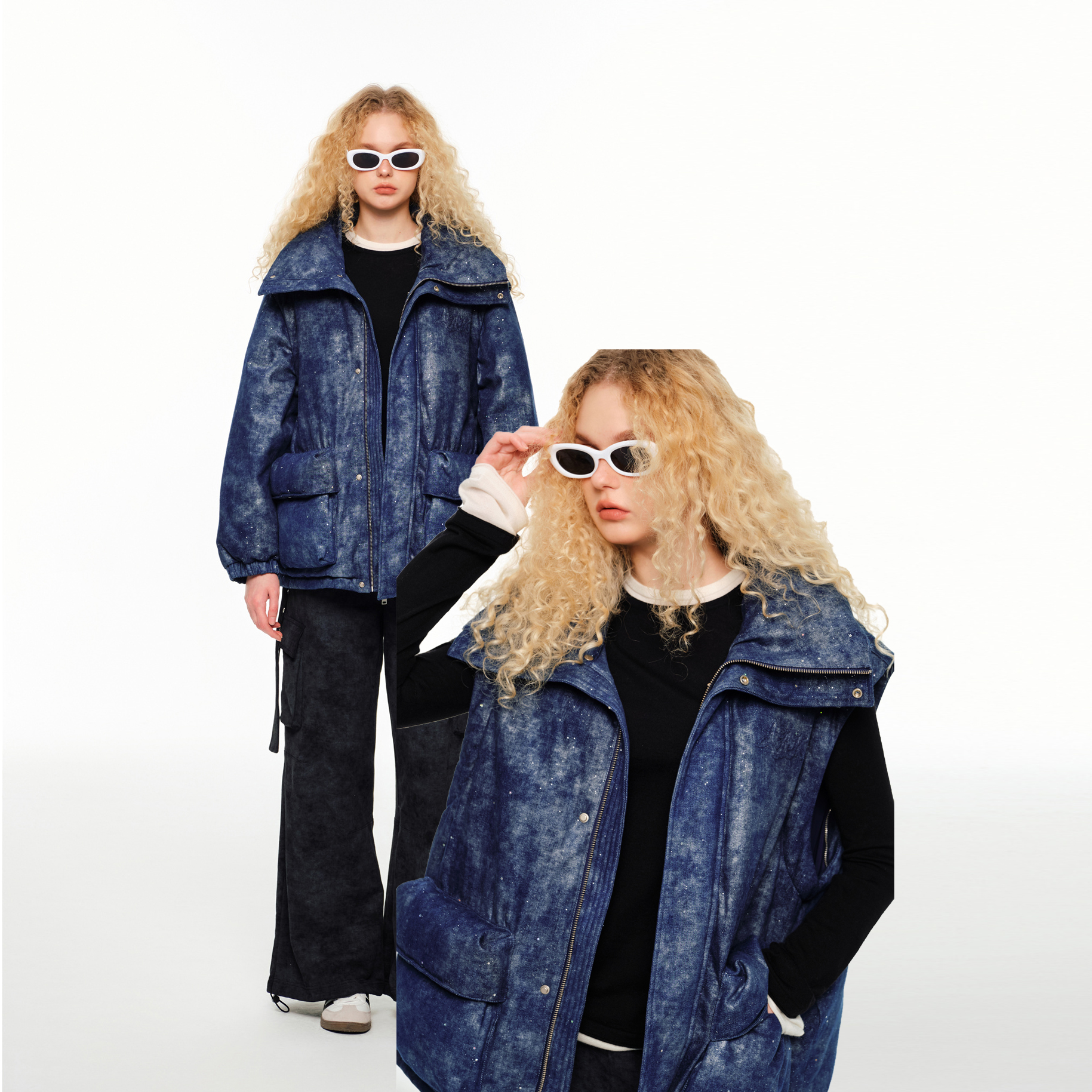 Andrea Martin 24秋季新款 蓝色可脱卸牛仔羽绒服