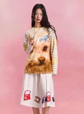 SOFITTE 25ss 白色小狗满印条纹拼接插肩袖长袖T恤