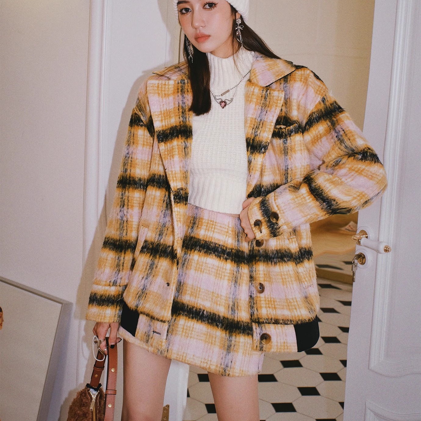 【五折清货】For Love and Lemons 华夫格纹复古风半裙大衣套装