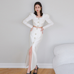 Jane Sister 新款 羊腿袖 复古 方领上衣高腰半裙套装 折