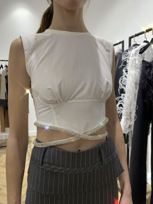 立体剪裁绑带修身无袖露腰背心