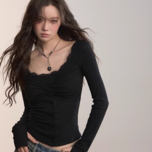 【折】VIAPITTI 25AW 慵懒风V领长袖蕾丝修身打底衫