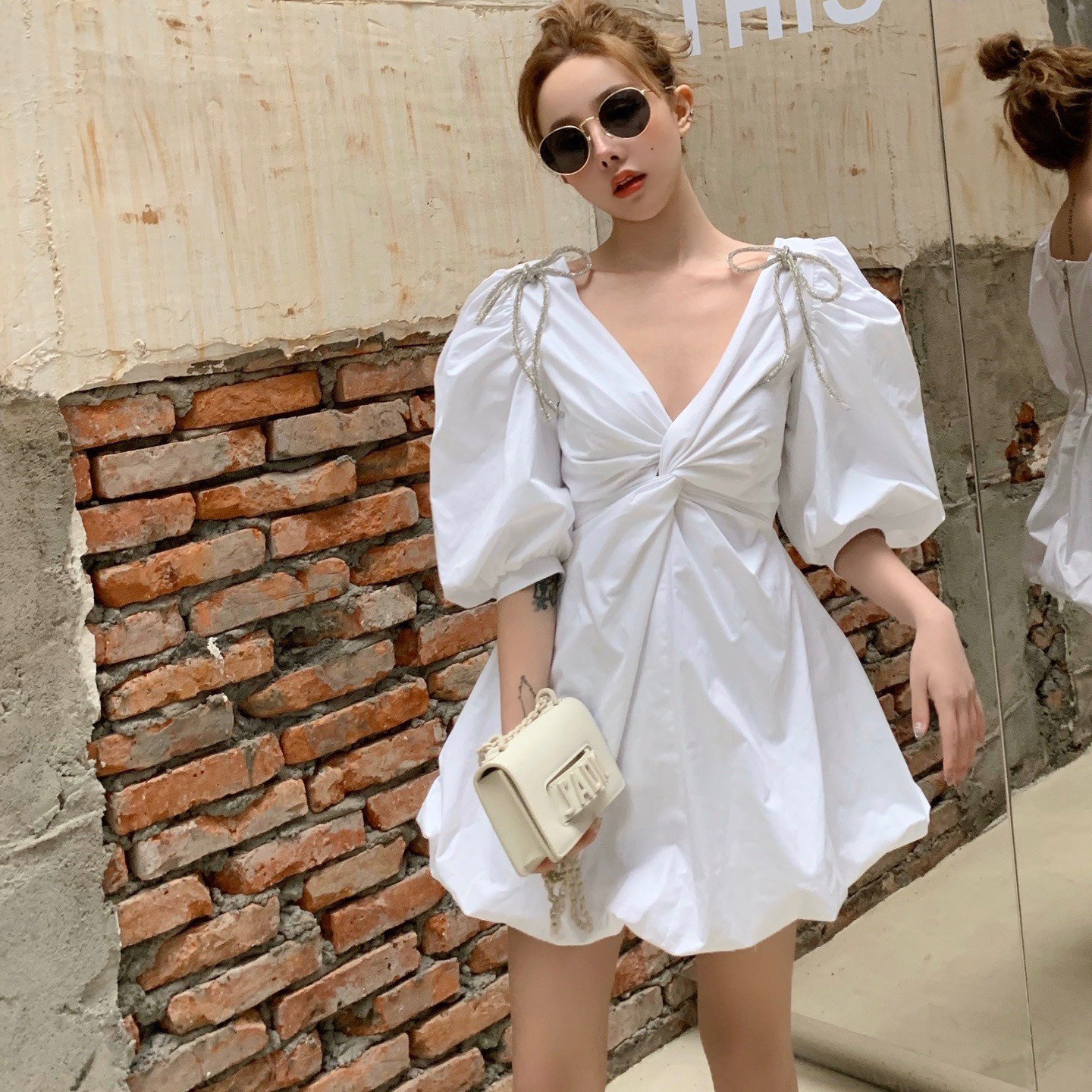 masionwester白色蝴蝶结连衣裙