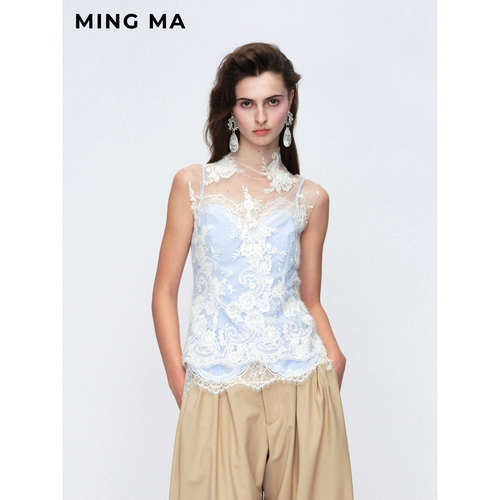 现货【JENNIE同款】MING MA 2025春夏 绒毛蕾丝无袖上衣 明星同款