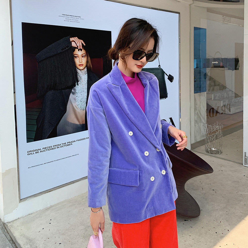 【折】JEJIA 设计师个性紫色西服西装外套/红色喇叭长裤图片