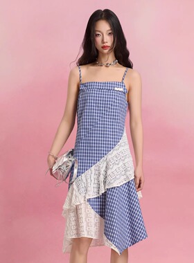 SOFITTE 25ss 蓝色格纹拼接蕾丝吊带连衣裙