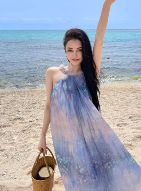 【折】KINGWEN 新款 度假显瘦花朵绑带压褶紫色睡莲印花长裙