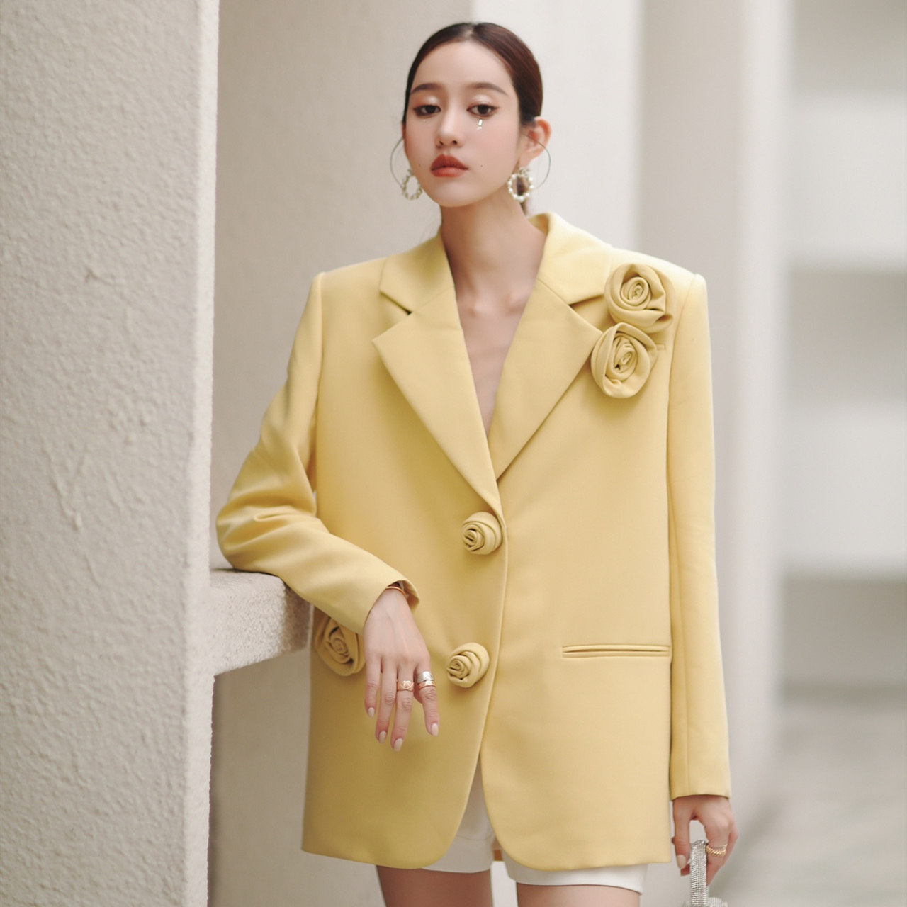 木兰Masion Wester2021FW新款复古玫瑰立体花朵廓形黄色西装外套