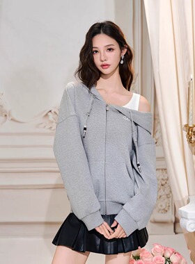 Three Quarters 25AW 灰色露肩假两件宽松卫衣外套