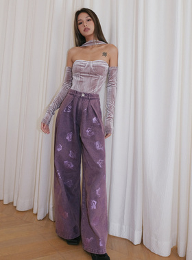 【清货折】LUMING ROOM 秋冬丝绒挂脖上⾐印花⽜仔裤短外套粗花呢