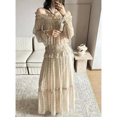 【折】ODTD25秋季新款波西风腰果花印花一字肩不规则上衣