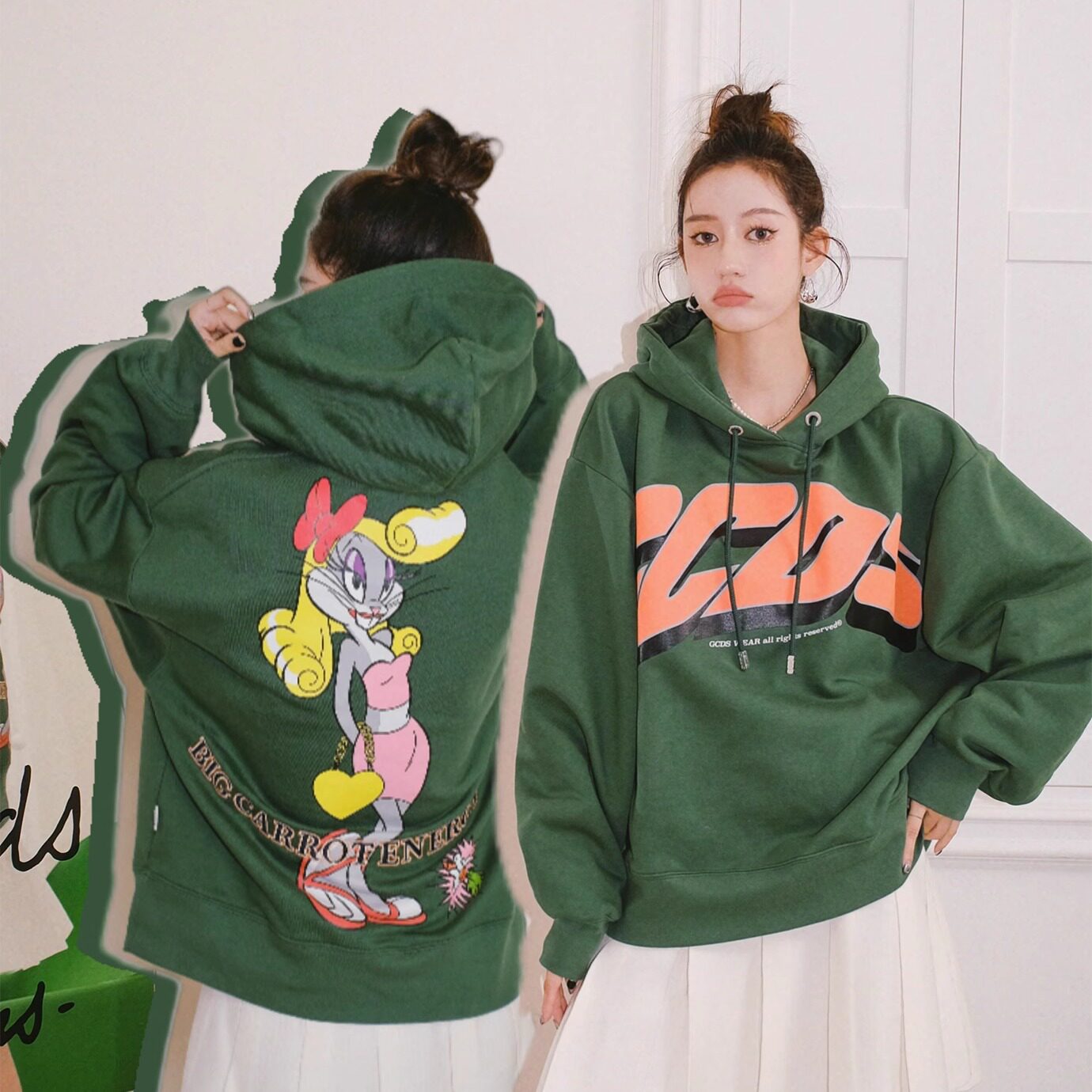 【4折清货】GCDS 秋冬新款LOGO字母兔子动漫图案连帽卫衣绿色