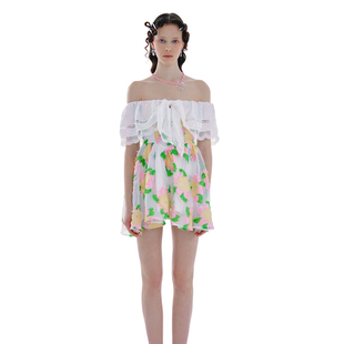 新款 HSU ESTER 海军荷叶领蕾丝拼接花朵提花连衣裙 折