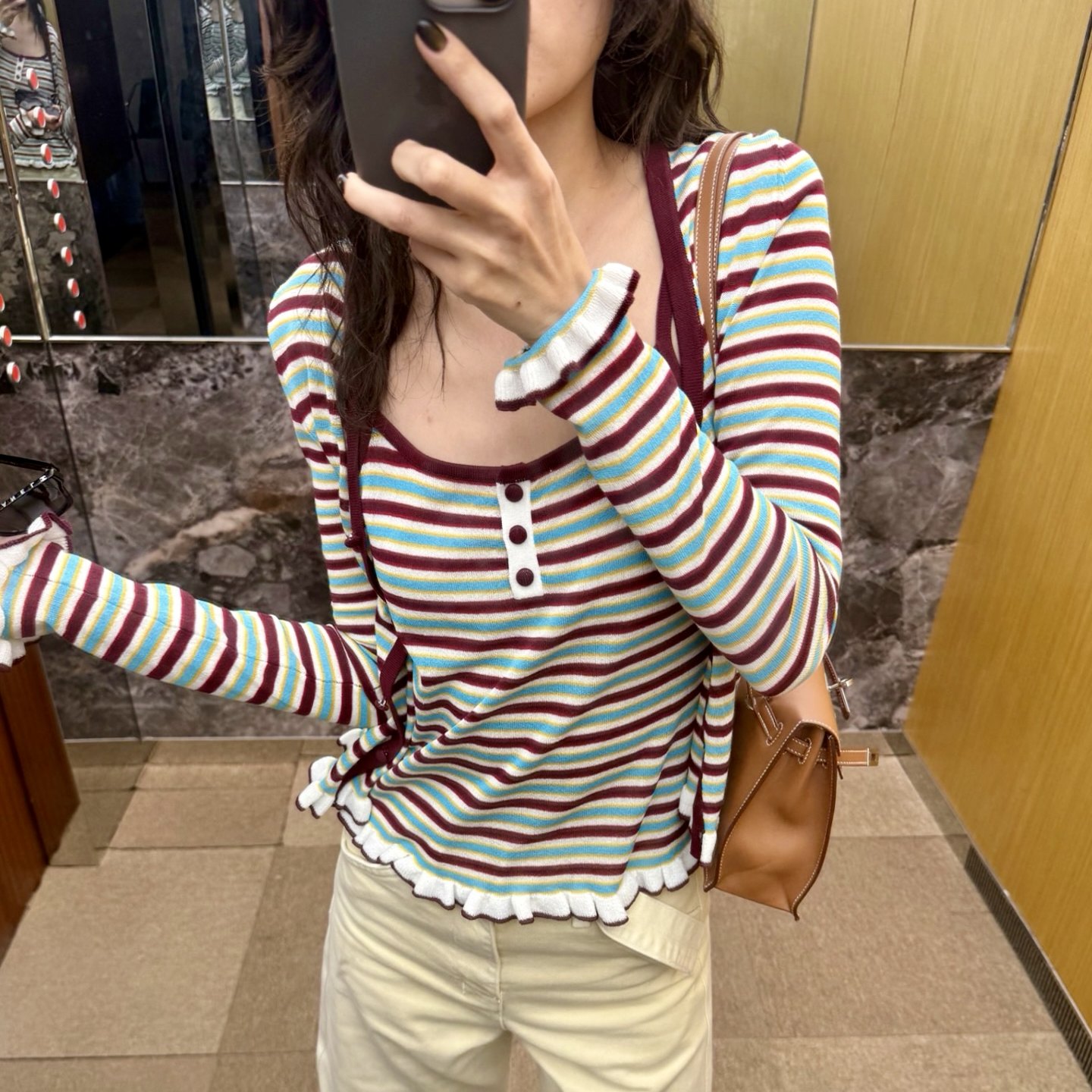 【折】ODTD26春夏撞色条纹修身针织开衫荷叶边吊带上衣女图片