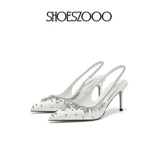 SHOESZOOO水钻尖头后空高跟凉鞋女浅口细跟婚纱新娘鞋不累脚婚鞋