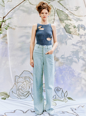 【折】LUMING ROOM 镂空爱心牛仔针织背心樱桃满印阔腿牛仔裤