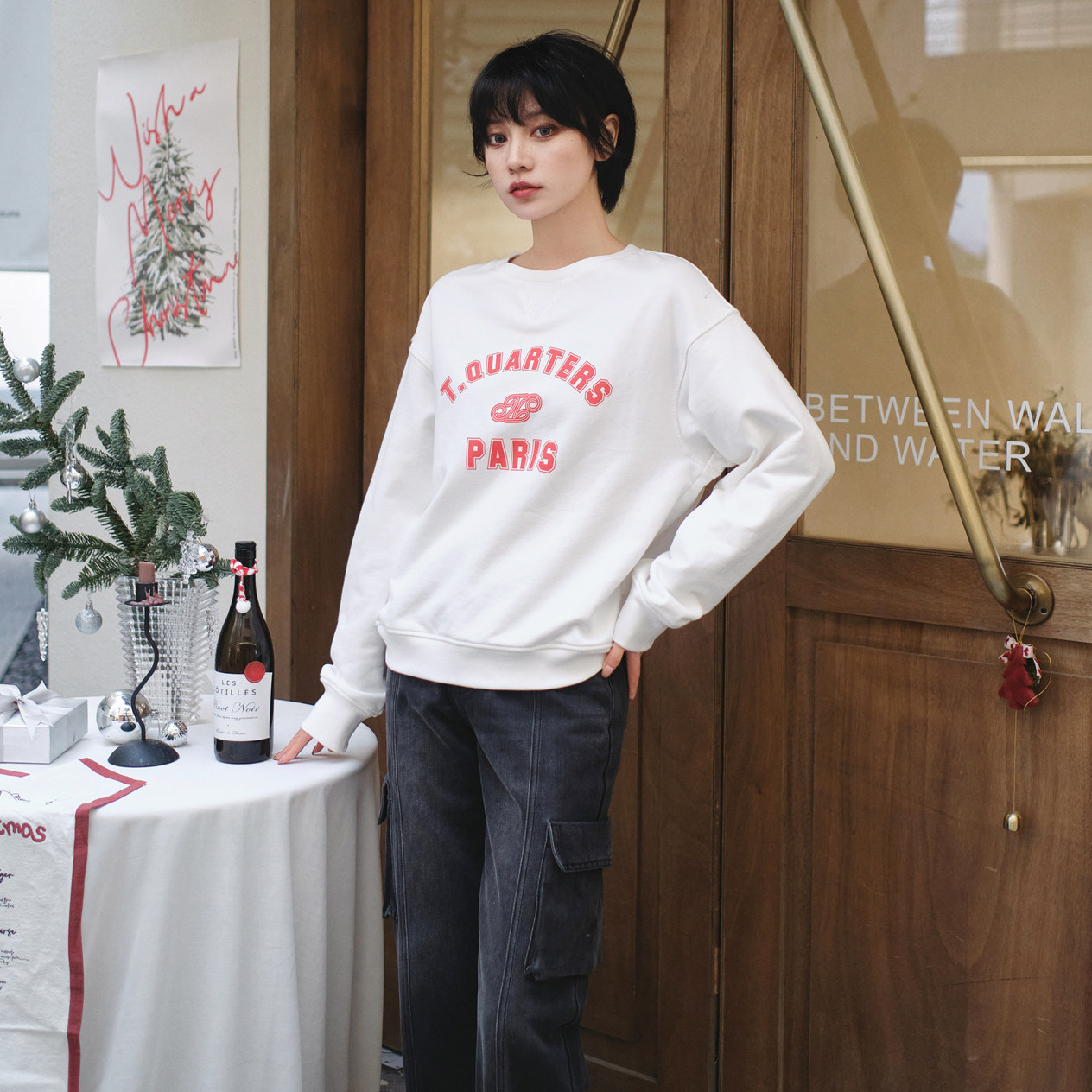 three quarters 23秋冬新款logo印花圆领卫衣复古直筒休闲工装裤