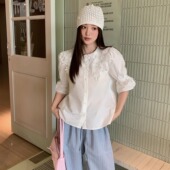 系带衬衫 抽绳高腰显瘦直筒休闲裤 WHY 绣花翻领喇叭袖 折 FOR