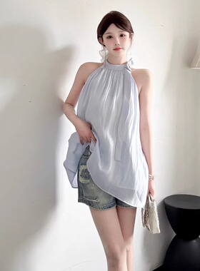 Three Quarters25SS鎏光冰蓝蝴蝶结挂脖上衣印花抽皱功能伞兵裤